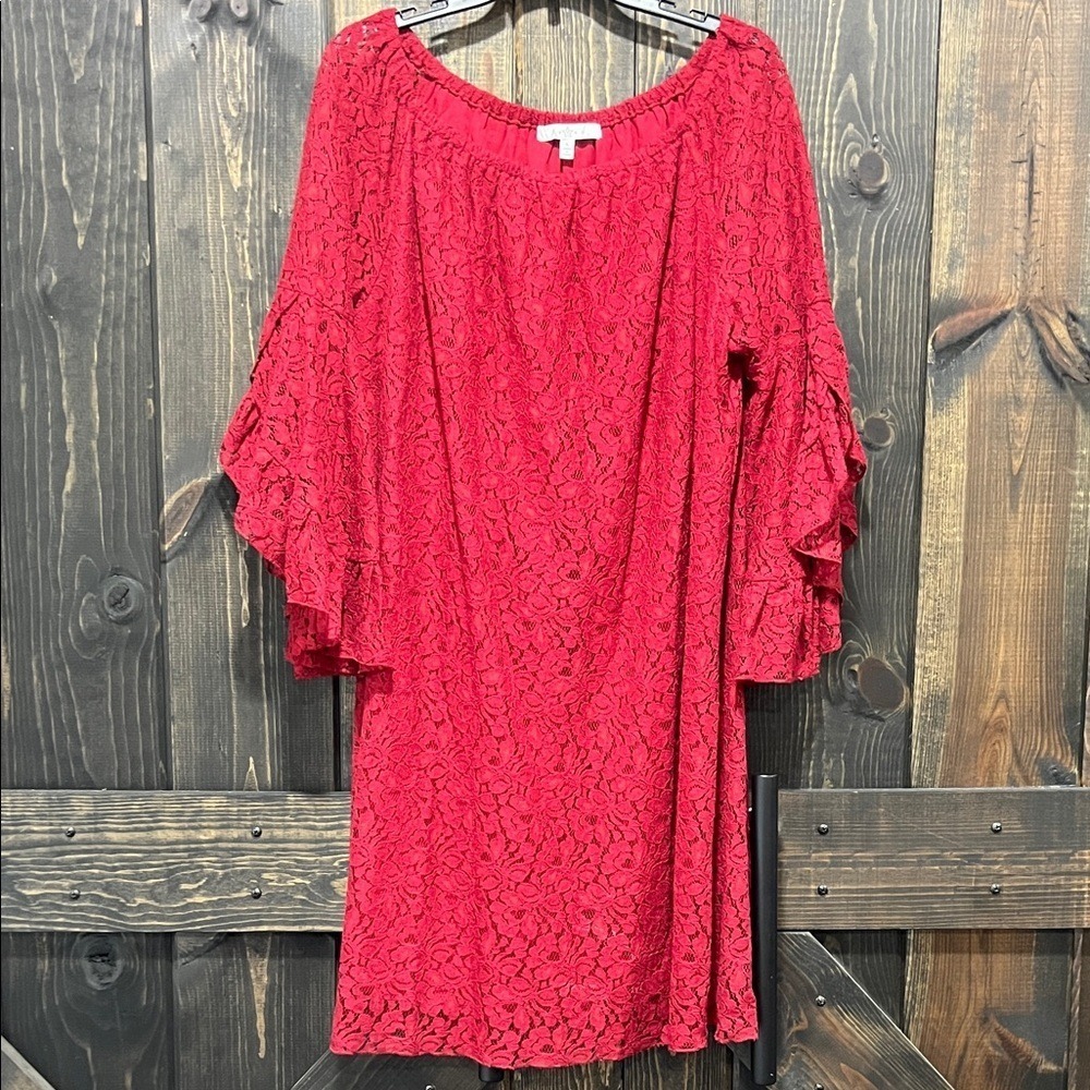 Cranberry Red Lace Floral Boho Dress L Bell Sleeves Ruffle Lined Fairy Grunge